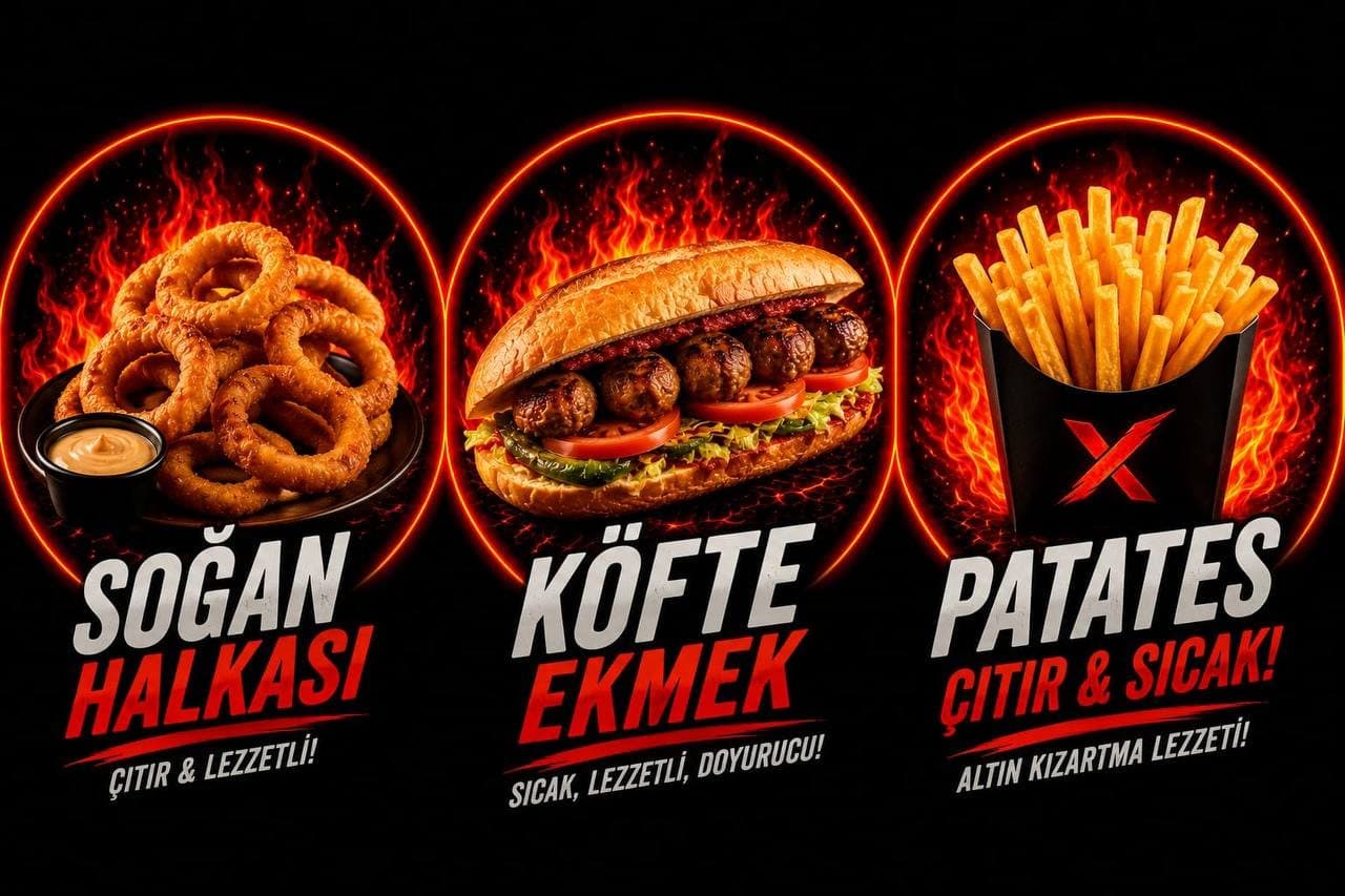 Soğan halkası, köfte ekmek ve çıtır patates
