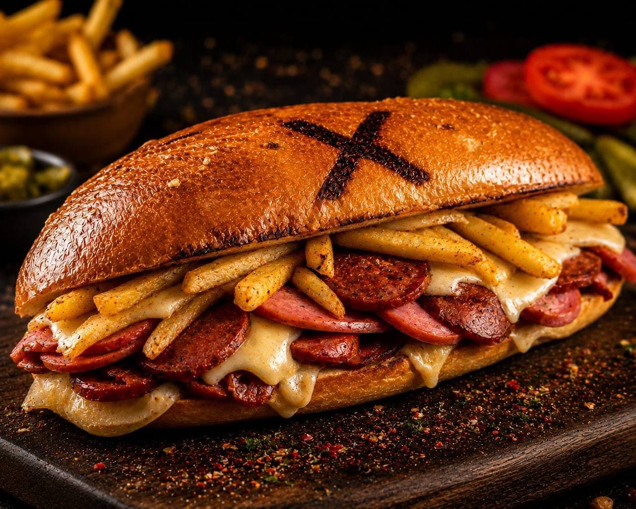 X Burger kumru — sucuk, kaşar ve patates